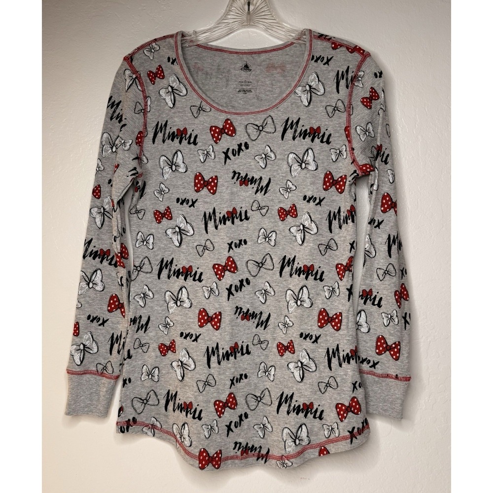 Disney Shirt Womens Size Small Gray Long Sleeve Top Minnie Mouse Bow Cotton Cute